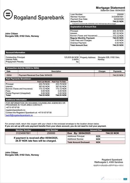 Download Norway Rogaland Sparebank mortgage statement Word and PDF template Photoshop template